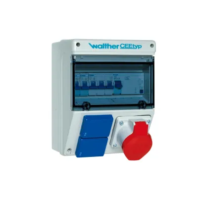 WALTHER Steckdosenkombination 6920117 | CEE 16A 5p 400V | 2x Schuko | RCD | IP44 | Kunststoff | Wandmontage | grau