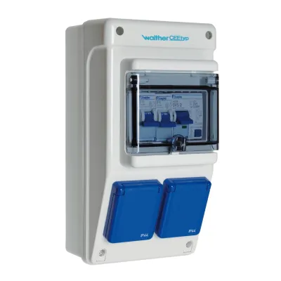 Walther Steckdosenkombination 6590006 | 2x 16A Schuko | FI 25A/30mA | IP44 | grau | Wandmontage