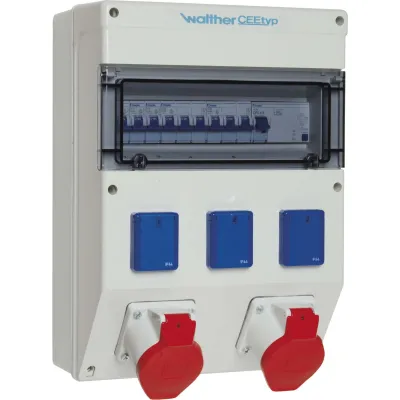 Walther Steckdosenkombination 6820204 | CEE 2x16A 400V | 3x Schuko | IP44 | FI/LS | Kunststoff Grau | Wandmontage