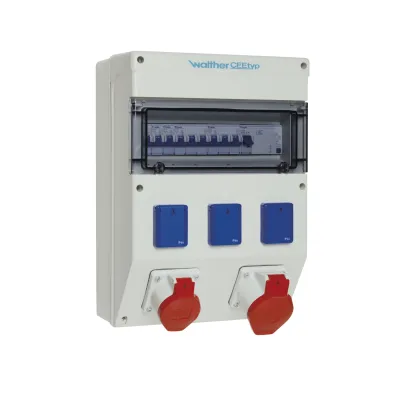 Walther Steckdosenkombination 6823009 | CEE-Kombi 32A/16A | 3x Schuko | FI-Schutzschalter | IP44 | Wandmontage | grau
