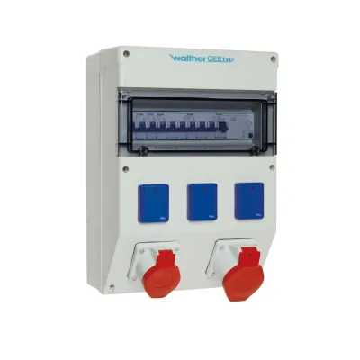 Walther Steckdosenkombination 6823009 | CEE-Kombi 32A/16A | 3x Schuko | FI-Schutzschalter | IP44 | Wandmontage | grau