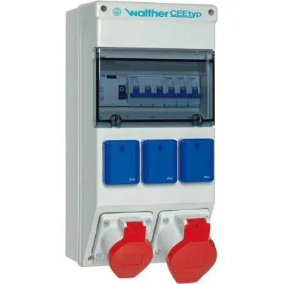 Walther Werke Steckdosenkombination 6983017 | CEE-Kombi 32A+16A 5-polig 400V | 3x Schuko | FI/LS | IP44 | grau