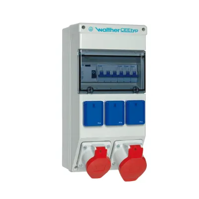 Walther Werke Steckdosenkombination 6983017 | CEE-Kombi 32A+16A 5-polig 400V | 3x Schuko | FI/LS | IP44 | grau