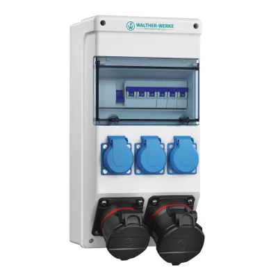 WALTHER Steckdosenkombination 6983017N | 16A+32A 5p 400V | 3x Schuko | IP54 | Kunststoff | grau | Wandmontage