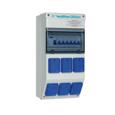 WALTHER Steckdosenkombination 6980003 | 6 SCHUKO 16A | FI 30mA Typ A | LS-Schalter | IP44 Wandmontage | Kunststoff grau