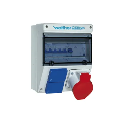 WALTHER Steckdosenkombination 32A 5-polig 400V | 2x SCHUKO | FI | IP44 | Kunststoff | Wandmontage | grau