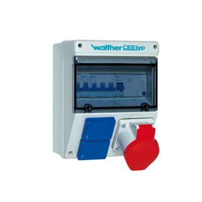 WALTHER Steckdosenkombination 32A 5-polig 400V | 2x SCHUKO | FI | IP44 | Kunststoff | Wandmontage | grau