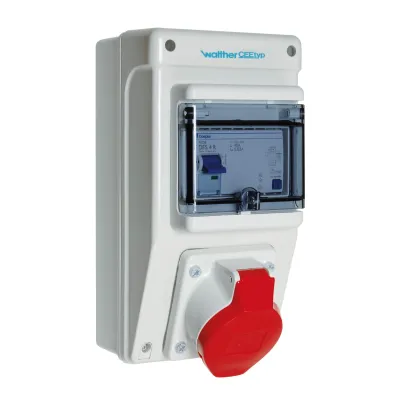 Walther Steckdosenkombination 6590104 | CEE 1x16A 5-polig 400V | FI 30mA Typ A | IP44 | Wandmontage | Kunststoff grau