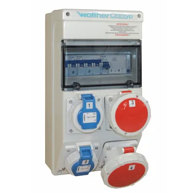 Walther Steckdosenkombination 6983012X7 | CEE 32A/16A 5-polig 400V | IP67 | 2x Schuko | FI/LS | Kunststoff | grau