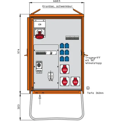 WALTHER Verteilerschrank WV0369R1 | Baustromverteiler 63A 44kVA | 2x RCD Typ B | IP44 | Stahlblech | RAL2004