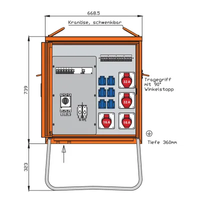 WALTHER Verteilerschrank 44kVA | 2x CEE 32A | 2x CEE 16A | 6x Schuko | RCD Typ B/A | IP44 | Stahlblech orange