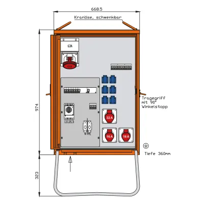 WALTHER Verteilerschrank WV0363R1 | Baustromverteiler 55kVA | CEE16A/32A/63A | 6x Schuko | Stahl IP44