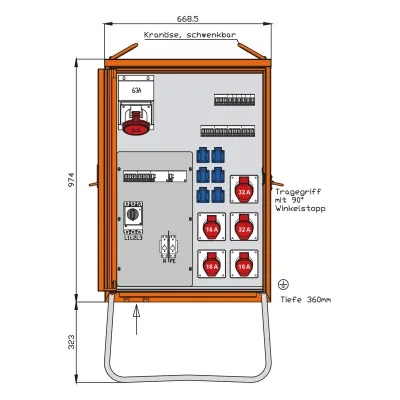 WALTHER Verteilerschrank WV0428R1 | Baustromverteiler 55kVA | 3x CEE16A 2x CEE32A 1x CEE63A | Stahlblech IP44 | RAL 2004