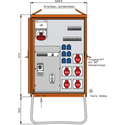 WALTHER Verteilerschrank WV0428R1 | Baustromverteiler 55kVA | 3x CEE16A 2x CEE32A 1x CEE63A | Stahlblech IP44 | RAL 2004