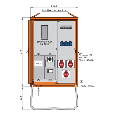 Walther Anschlussverteilerschrank 24kVA | 2x CEE16A | 1x CEE32A | 3x Schuko | RCD Typ B | IP44