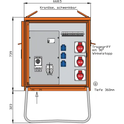 WALTHER Verteilerschrank WV0280R1 | 44 kVA | 63A | 2x CEE 16A | 1x CEE 32A | 3x SCHUKO | IP44 | Stahlblech | orange