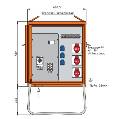 WALTHER Verteilerschrank WV0280R1 | 44 kVA | 63A | 2x CEE 16A | 1x CEE 32A | 3x SCHUKO | IP44 | Stahlblech | orange