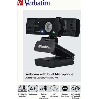 Verbatim Webcam AWC-03 / 49580 | 4K Ultra HD | Autofokus | 120° Weitwinkel | Dual Mikrofon | USB | Schwarz