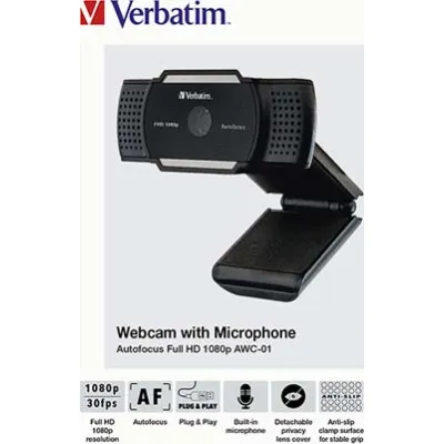 Verbatim Webcam AWC-01 49578 | Full HD 1080p | Autofokus | Mikrofon | Privacy Shutter | USB Typ-A | schwarz
