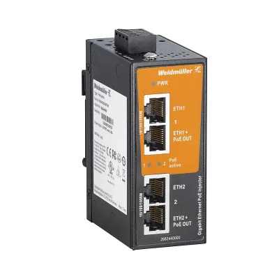 Weidmüller PoE-Injektor IE-INJ-EL02-2GTPOE | Gigabit Ethernet | 2x RJ45 | PoE+ | IP30 | -40°C bis 75°C | 41x70x95 mm