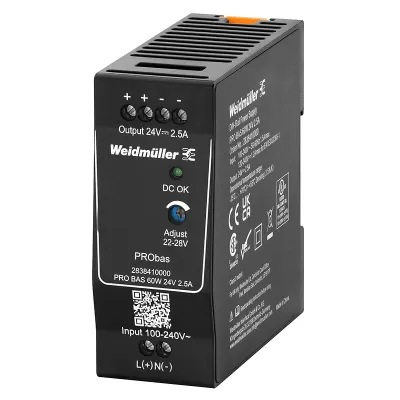 Weidmüller Stromversorgung PRO BAS 60W 24V 2,5A 2838410000 | Hutschienen-Netzteil | AC/DC | IP20 | Kunststoff