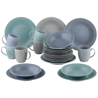 vanWell Kombiservice Madita 24-tlg. | Porzellan | Rund | spülmaschinengeeignet | mikrowellengeeignet | grau/türkis/blau