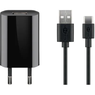 Goobay USB-C Ladeset 45293 | Netzteil 1A 5V | USB-C Kabel 1m | 100-240V | Universal Ladegerät | schwarz