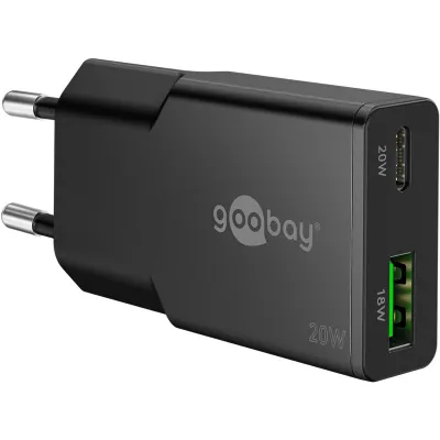 Goobay Universal-Ladegerät Dual-Schnellladegerät Slim 75729 | USB-C PD GaN 20W | 2 Ports | schnelles Laden | schwarz