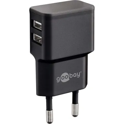 goobay Dual USB-Ladegerät 44951 | Schnellladegerät 2,4A 12W | 2 Ports | Reiseadapter 100-240V | Schwarz