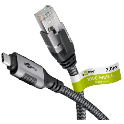 Goobay Ethernet-Kabel USB-C 3.1 auf RJ45 70698 | CAT6 | 2 m | geflochtener Textilmantel | Metallstecker | schwarz-silber