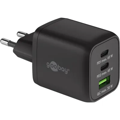 Goobay Multiport-Schnellladegerät 64753 | USB-C PD 65W | GaN | 2x USB-C | 1x USB-A QC 3.0 | schwarz