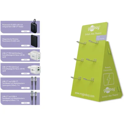 Goobay POS Aufsteller 79664 | Power/Mobility Set | Powerbank 10.000mAh | USB-C PD GaN Ladegerät | Textilkabel 1m | weiß