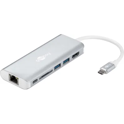 Goobay USB-C Multiport Adapter 76788 | HDMI 4K 30Hz | Ethernet | USB 3.0 | SD-Kartenleser | Power Delivery | Aluminium