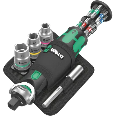 Wera Zyklop Knarre 8009 Pocket Set 2 05004281001 | 18-teilig Bit-Set | 3/8" & 1/4" | Bit-Magazin | schwarz/grün