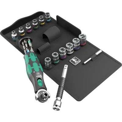 Wera Knarrensatz 8009 Zyklop Pocket Set 3 / 27-tlg. | Bit- & Nuss-Set | Umschaltknarre 3/8" | Tasche | schwarz/grün