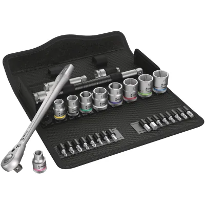 Wera Zyklop Metal-Knarrensatz 8100 SB 8 | 3/8" Antrieb | 29-tlg Set | Umschaltknarre | kompakt | Tasche | silber/schwarz