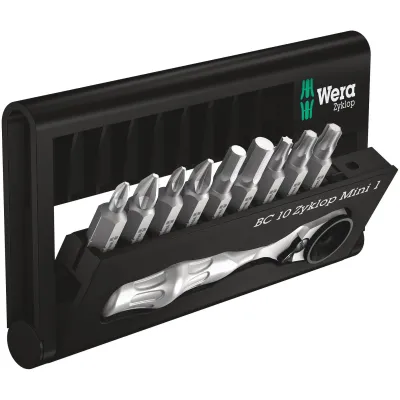 Wera Bit-Ratschen-Set Bit-Check 10 Zyklop Mini 1 | 1/4" Umschaltknarre | 9 Bits | kompakt | Chrom | Silber