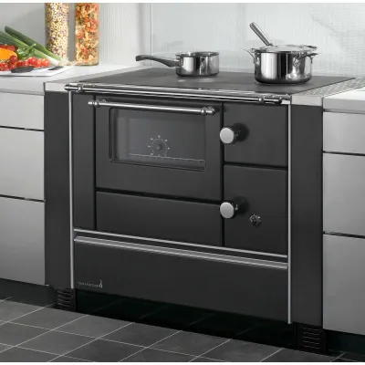 Wamsler Kohleherd K 176-90 | 5 kW | Bratrohr mit Temperaturanzeige | Stahlplatte | Gusseisen | Abzug rechts | schwarz