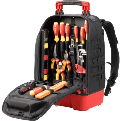 Wiha Werkzeugrucksack electric II 45528 | Elektriker Werkzeugset 27-tlg. | Laptopfach | stabiler Stand | schwarz/rot