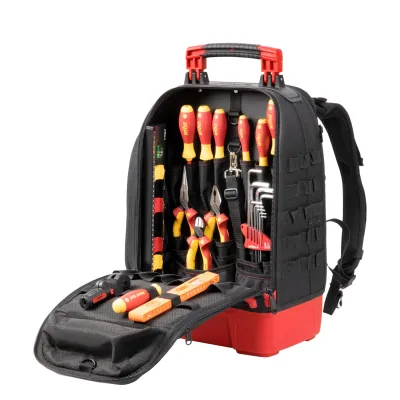 Wiha Werkzeugrucksack electric II 45528 | Elektriker Werkzeugset 27-tlg. | Laptopfach | stabiler Stand | schwarz/rot