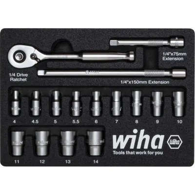 Wiha Ratschenschlüssel-Set 1/4" 33391 | metrisch | 17-teilig | Sechskant | Schaumstoffeinlage | Chrom-Vanadium | 4–14 mm