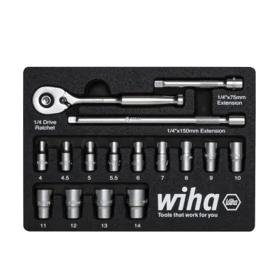 Wiha Ratschenschlüssel-Set 1/4" 33391 | metrisch | 17-teilig | Sechskant | Schaumstoffeinlage | Chrom-Vanadium | 4–14 mm