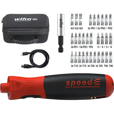 Wiha E-Schraubendreher speedE PocketDrive 45791 | elektrisch | 31-tlg. Bitbox | USB-C | kompakt | LED | schwarz/rot