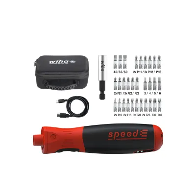 Wiha E-Schraubendreher speedE PocketDrive 45791 | elektrisch | 31-tlg. Bitbox | USB-C | kompakt | LED | schwarz/rot