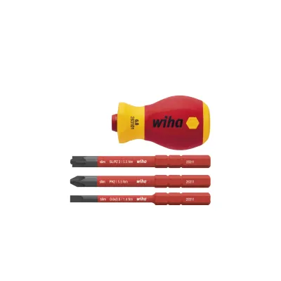 Wiha Schraubendreher Set | 4-tlg. VDE | Stubby Bithalter | slimVario | Schlitz Phillips Pozidriv | für Elektriker
