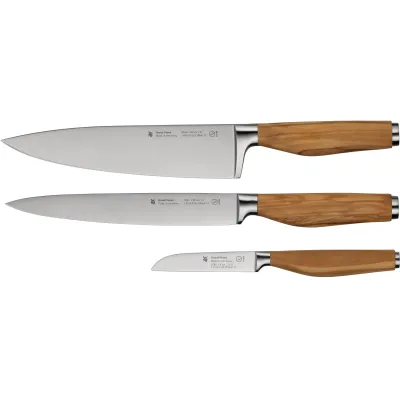 WMF Messer-Set Grand Wood 1897699992 | 3-teilig | Olivenholzgriff | Spezialklingenstahl | Kochmesser 20 cm | hellbraun