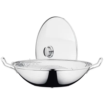 WMF Wok-Set Party Taiwan 36 cm | Induktion | Edelstahl 18/10 | Glasdeckel | Ablagerost | backofengeeignet | silber