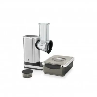 WMF KÜCHENminis Gemüseschneider elektrisch | 5 Einsätze | 150W | Edelstahl matt | Salat-to-go-Box