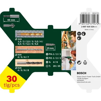 Bosch Werkzeugset 30-tlg. X-Line Titanium 2607019324 | Bohrer & Bit-Set | TiN-beschichtet | Koffer | grün