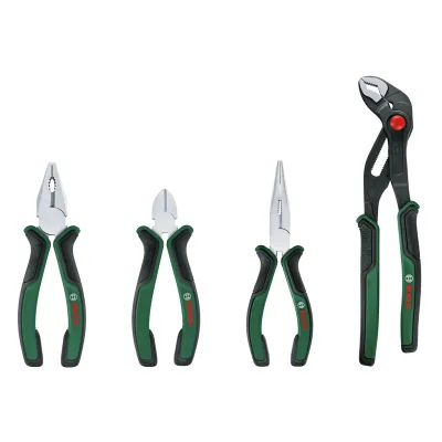 Bosch Zangen-Set 1600A02W7K | 4-teiliges Handwerkzeug | Kombizange, Flachrundzange, Seitenschneider, Wasserpumpenzange
